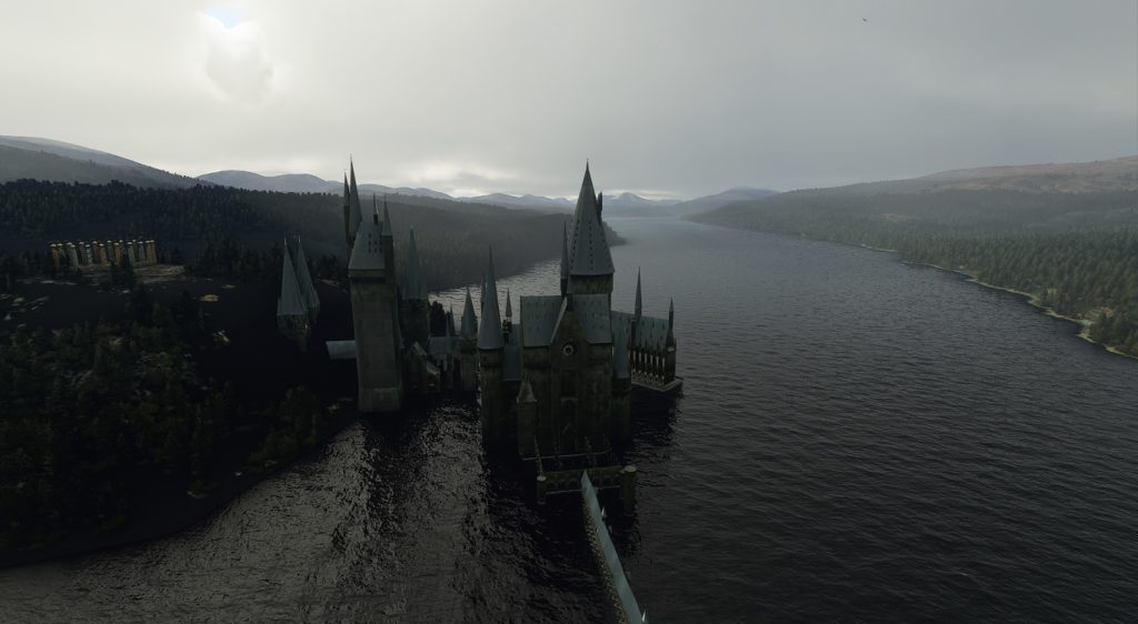 Hogwarts sits suspended in the Black Lake.