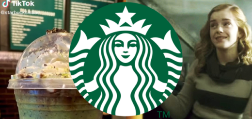 A featured image including the Slytherin Frappuccino, the Starbucks logo, and Hermione Granger drinking butterbeer is shown.