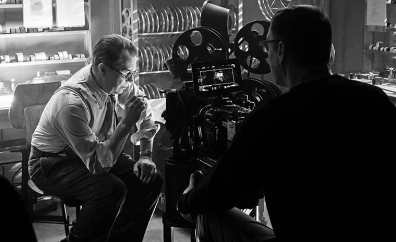 Gary Oldman is pictured in a behind-the-scenes still from "Mank".