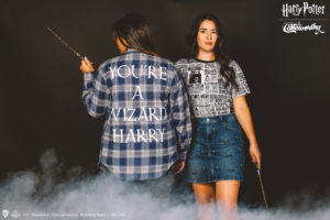 "Harry Potter" Cakeworthy "You're a wizard Harry" blue and white flannel shirt and and "Daily Prophet" T-shirt.