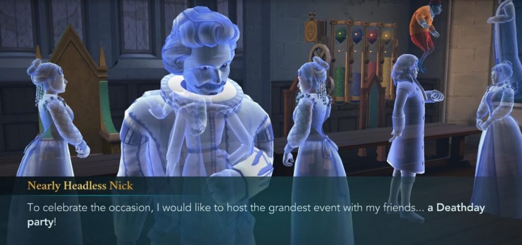 Nearly Headless Nick announces his upcoming Deathday Party in "Hogwarts Mystery".