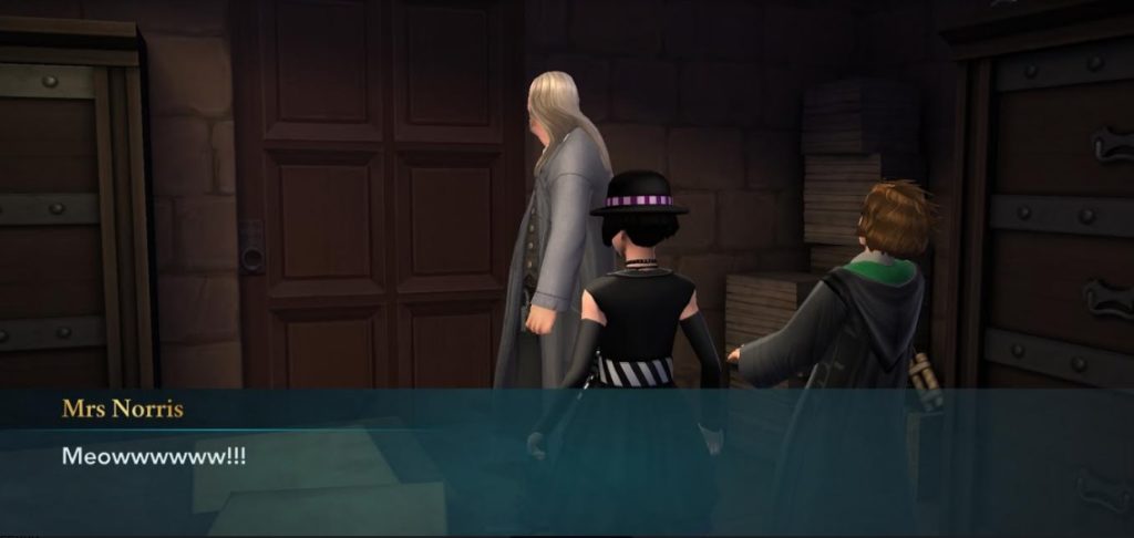 Mrs. Norris lets out an indignant meow in "Hogwarts Mystery".
