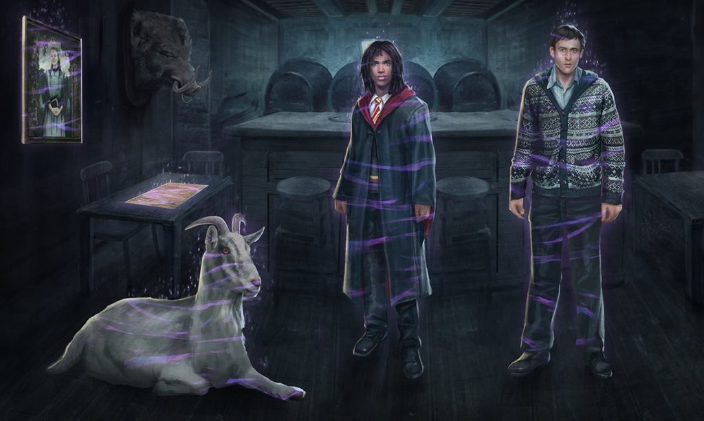 A portrait of Ariana Dumbledore, a goat, Lee Jordan, and Neville Longbottom are pictured in a graphic for "Wizards Unite".