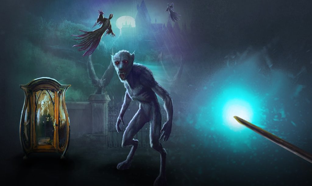 A werewolf, Dementors, and a cabinet containing a Boggart are pictured in a graphic for "Wizards Unite".