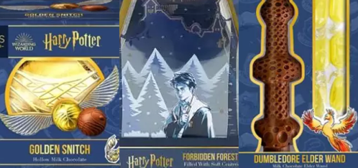 Three of the products from the new M&S Food "Harry Potter" chocolate treats are shown.
