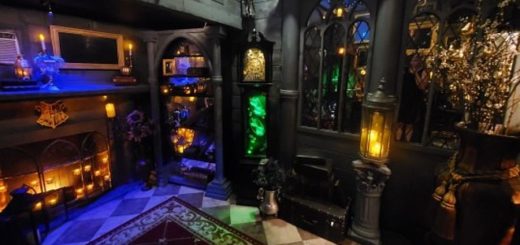 A dark and richly decorated room can be seen, with lots of Harry Potter items, colourful lights, and gothic decorations.