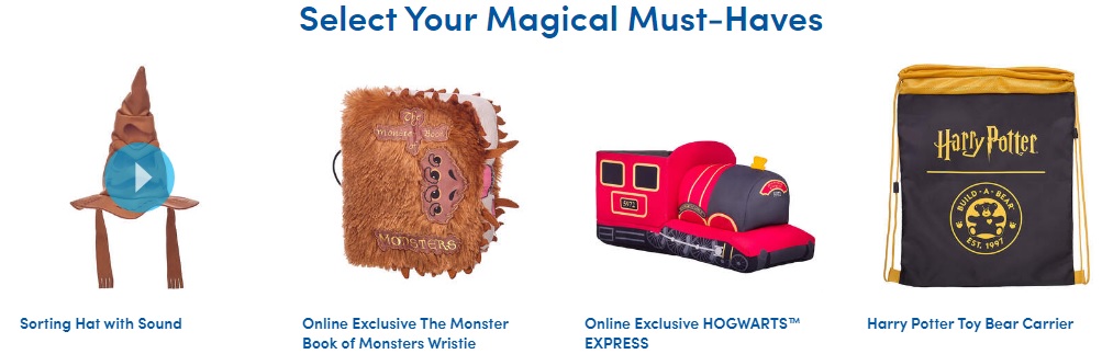 Pictured are Build-A-Bear Workshop "Harry Potter" accessories, including a talking Sorting Hat, Monster Book of Monsters, Hogwarts Express, and carrying bag.