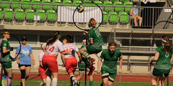 There is one keeper from Ireland who is jumping (but it looks like he's flying) and looking at the quaffle in hoops in the middle. There are three players in pink jerseys and four other players from Ireland.