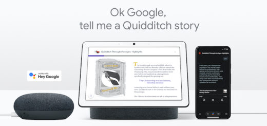 A promotional image from Google shows text reading, "Ok Google, tell me a Quidditch story." Below the text are Google Assistant-capable devices.