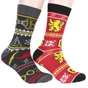 two different Harry Potter socks are modeled