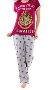 red women's pajama top reads "Waiting for my letter from Hogwarts" with Hogwarts crest, grey pajama bottoms with red stars