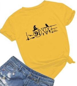 Harry Potter love T-shirt, design incorporating Platform 9 3/4, Deathly Hallows, brooms, wands