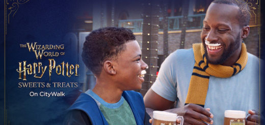 A young boy in wizards' robes laughs with a man wearing a Hufflepuff scarf, both are holding cups of butterbeer and have butterbeer foam moustaches. Text on the left of the photo reads "The Wizarding World of Harry Potter Sweets and Treats on City Walk."