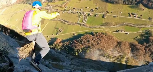 BASE jumper Antony Newton is pictured jumping from a cliff in the Swiss Alps with a broomstick.