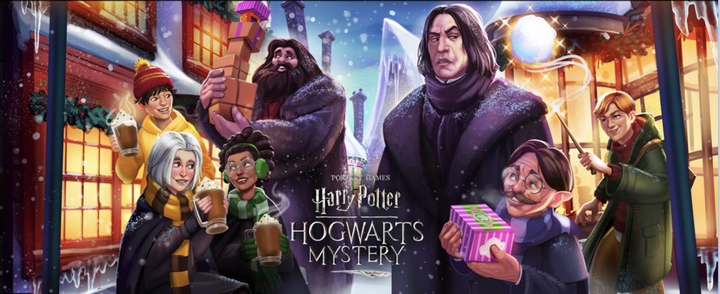 Characters from "Hogwarts Mystery" enjoy a little holiday fun in Hogsmeade.