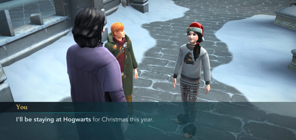 Your character informs Severus Snape they will be staying at Hogwarts for the holidays in "Hogwarts Mystery."