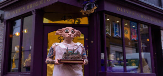 Oliver Dall dressed as Dobby holding Hogwarts Castle model