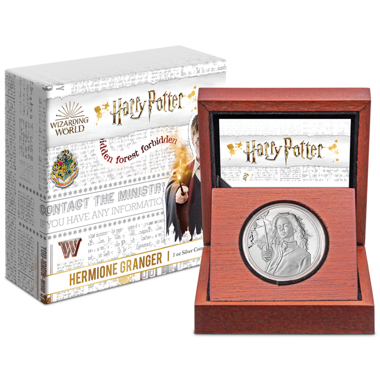 The new Hermione Granger coin from the New Zealand Mint is shown in its decorative box.