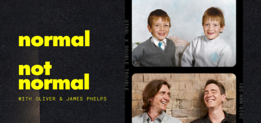 An image of a young James and Oliver Phelps sits above an image of them of present day. The text reads "Normal Not Normal".