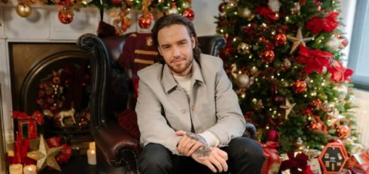 Liam Payne is sitting in front of a richly decorated Christmas tree and a fireplace.