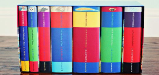 All seven of the original Harry Potter book spines