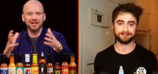 Sean Evans and Daniel Radcliffe are doing a hot sauce challenge over Zoom. They are hyped up by the assortment of spicy sauces.