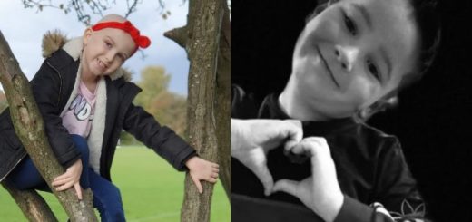 In a split image, on the left is a seven year old girl climbing a tree. She is lively but she has lost her hair due to chemotherapy. On the right is her childhood boyfriend Codi showing a heart sign with his hands.