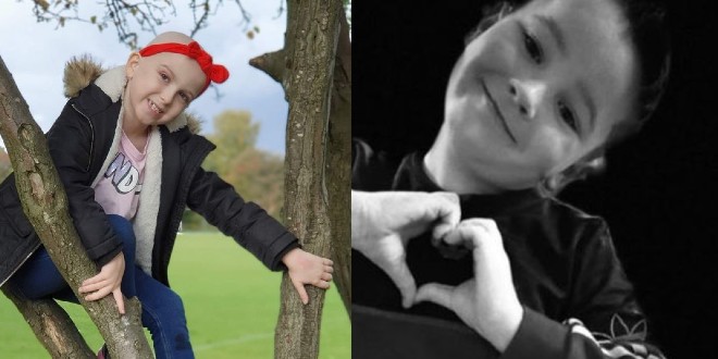 In a split image, on the left is a seven year old girl climbing a tree. She is lively but she has lost her hair due to chemotherapy. On the right is her childhood boyfriend Codi showing a heart sign with his hands.