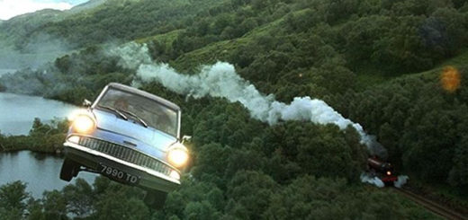 Flying Ford Anglia following the Hogwarts Express in "Harry Potter and the Chamber of Secrets"