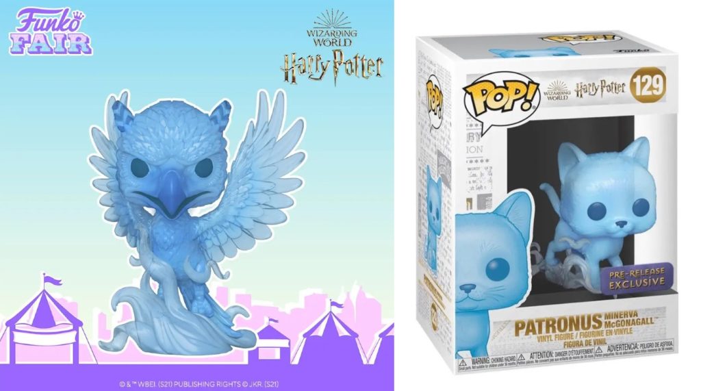 Blue Funko Pop figurines are shown in the shape of a phoenix and a cat. They are blue and cute.