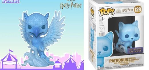 A phoenix Funko Pop and a boxed cat Funko Pop patronus figurine are displayed. They are blue and cute.