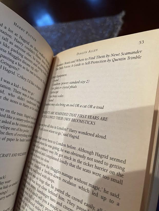 Page 53 of Jeremy Padawer’s copy of “Harry Potter and the Philosopher’s Stone” is shown.