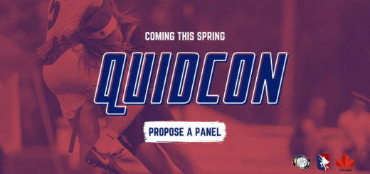 There is a big blue sign QuidCon on the red background with photo of some player who is trying to tackle another player. There is white sign "Coming this spring" above QuidCon and blue sign "Propose a panel" on the white backgrounf below. In the left corner below there are logos of US Quidditch, Major League Quidditch a Quidditch Canada,