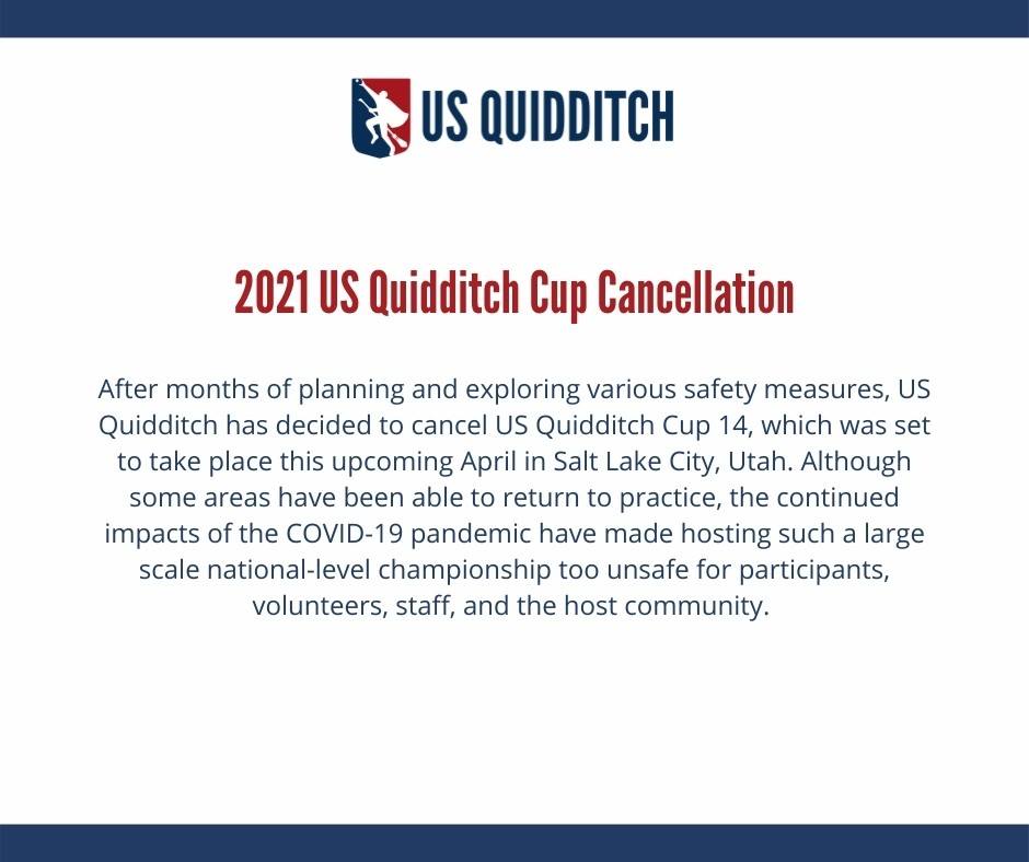 Infographic. The logo for US Quidditch is shown on a white background with "2021 US Quidditch Cup Cancellation" beneath it. Information about the cancelation is shown underneath the heading.