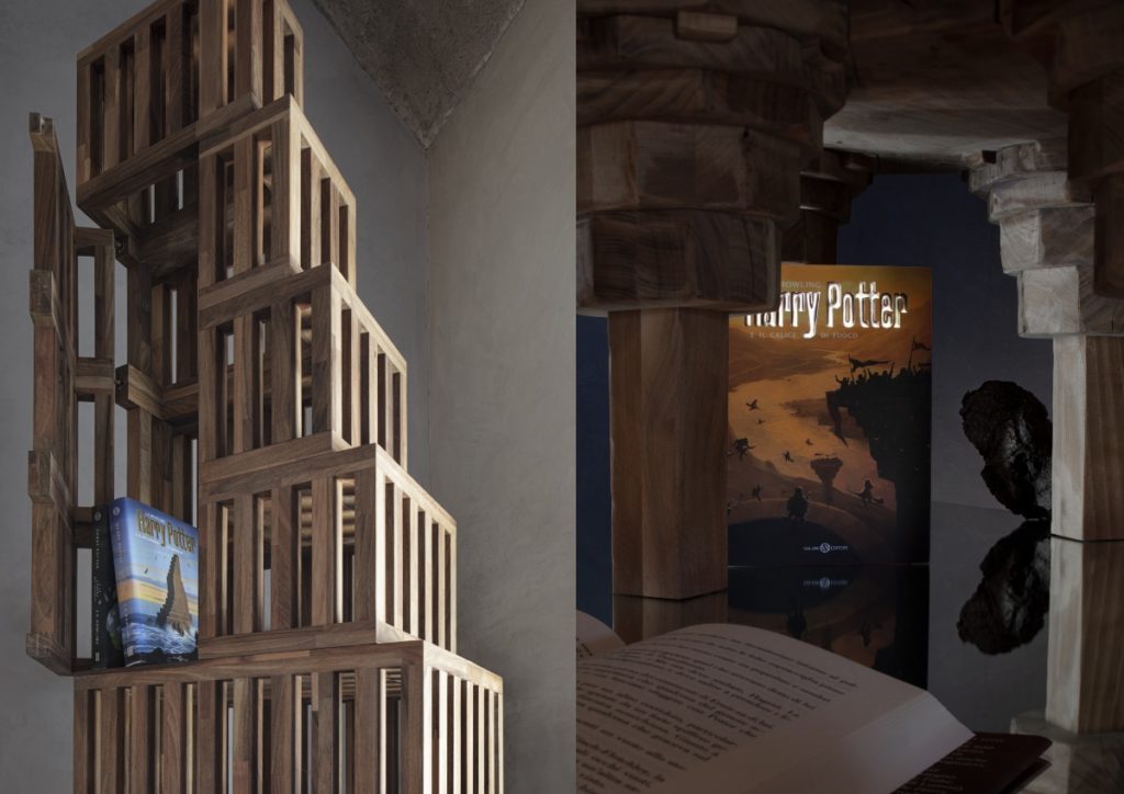 It is a split image of new, subtle, but magical Harry Potter book cover designs with the books placed in environments of subdued and tasteful interior design elements.