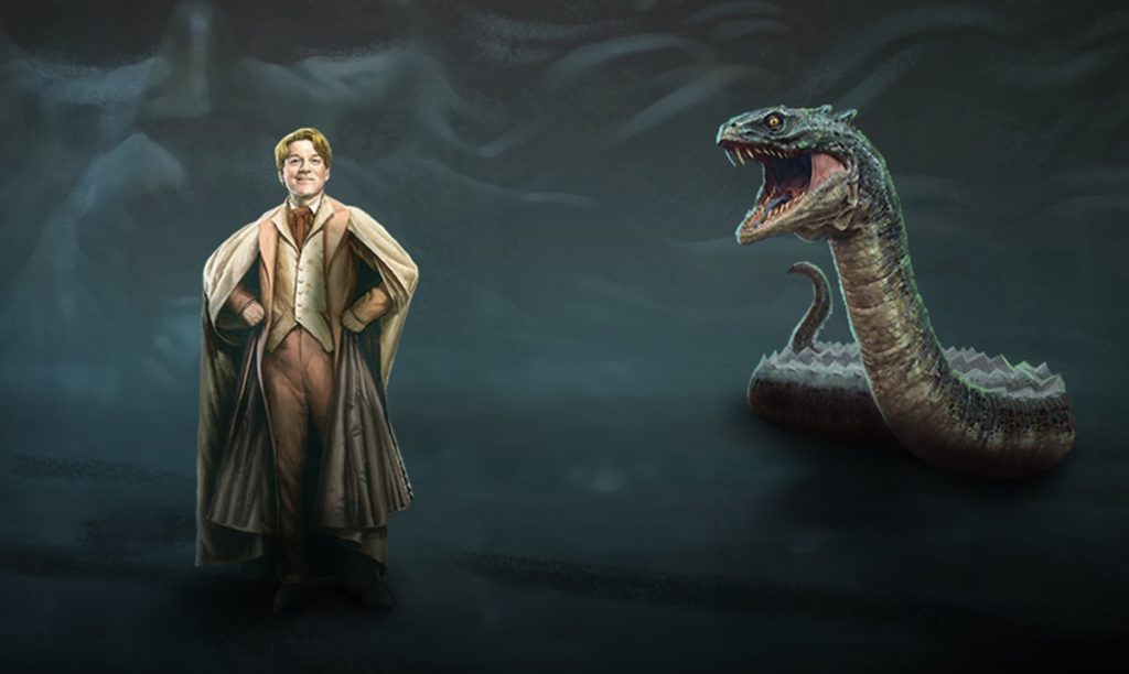 A graphic from "Wizards Unite" features Gilderoy Lockhart and Slytherin's Basilisk.