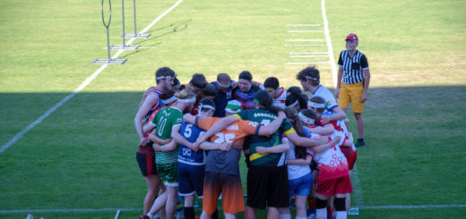 19 players, each in a different jersey, are standing in a circle. There is one referee, hoops, and prepared brooms on the ground in the background.