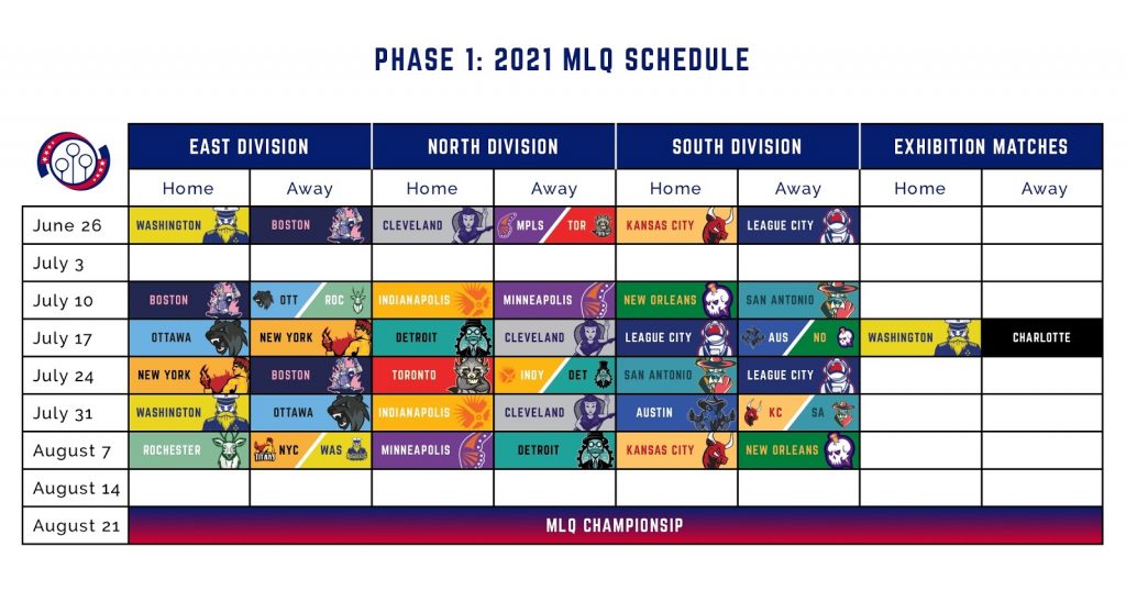 A schedule for Phase 1 of the 2021 MLQ season shows home and away games by division for the length of the season, with one exhibition match between Washington and Charlotte on July 17.