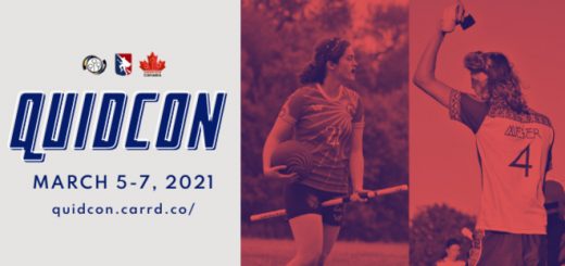 There is a blue sign "QuidCon" with logos of US Quidditch, Major League Quidditch and Quidditch Canada above and date and website under. All is on the white background and on the left. On the right is shown two red photos from quidditch.