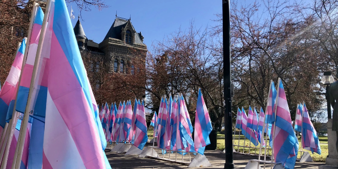 Multiple transgender flags are pictured in Salt Lake City, Utah, on the Transgender Day of Remembrance.