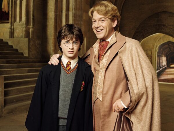 Gilderoy Lockhart grinning with his arm around an uncomfortable-looking Harry