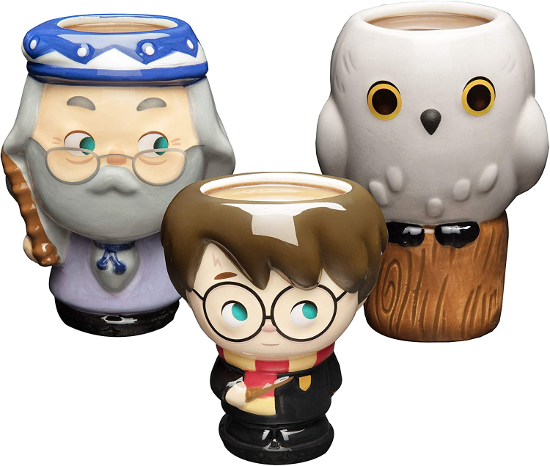 A set of three figural mugs of Dumbledore, Harry, and Hedwig with art by Jerrod Maruyama is shown as pictured on Amazon.