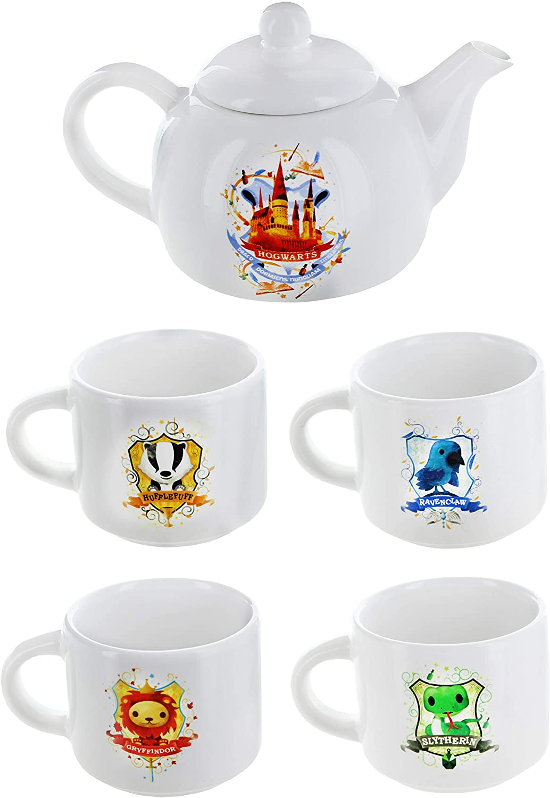 The Harry Potter Hogwarts Mini Teapot and 4 House Mini Mugs are shown as pictured on Amazon.