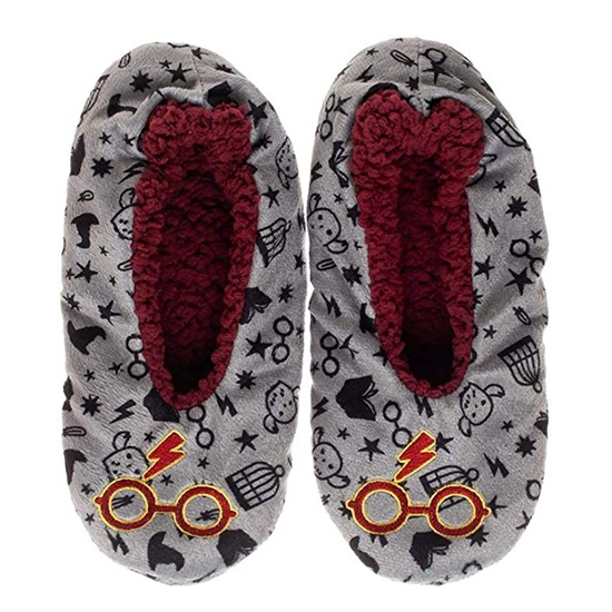 The Harry Potter Icons Pattern Cozy Slippers from Bioworld are shown as pictured on Amazon.