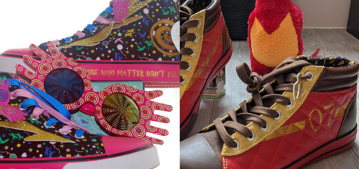 Harry Potter Quidditch-themed shoes and colorful Luna Lovegood shoes