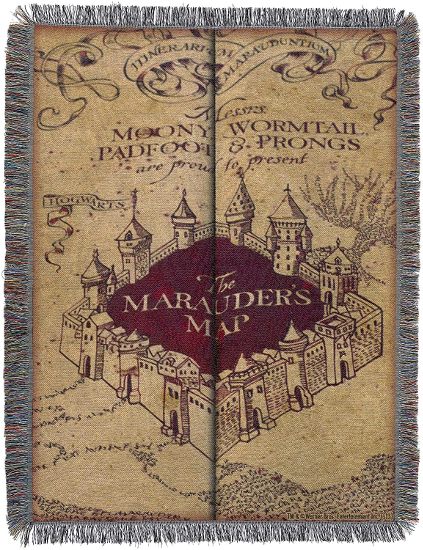 The Harry Potter Woven Tapestry Throw Blanket, Marauder's Map, is shown as pictured on Amazon.