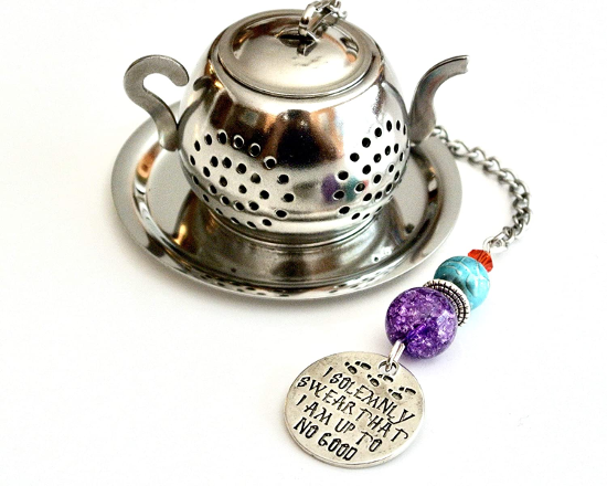 The Marauder's Map Charm Tea Infuser with Blue and Purple Beads from Trio Artisan Designs is shown as pictured on Amazon.