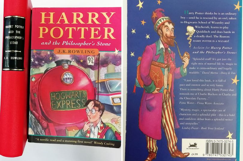 A hardback and a paperback first edition Harry Potter and the Philosopher's Stone books are pictured on the left, on the right is the back of the paperback with blurbs and a quirky illustration of a wizard.