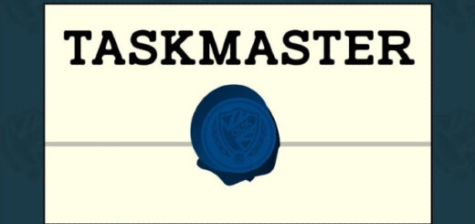 There is a white envelope labeled "Taskmaster" with a blue seal. It is shown on a blue background.