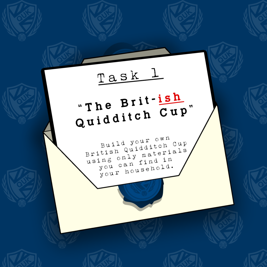 There is an open white envelope with the instructions for the first task in it. The background is blue.